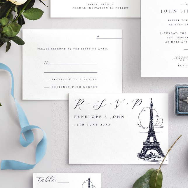 Cartão RSVP Casamento de Ilustração de Torre Eiffel com Script (Classic Script Eiffel Tower Illustration Wedding RSVP Card)