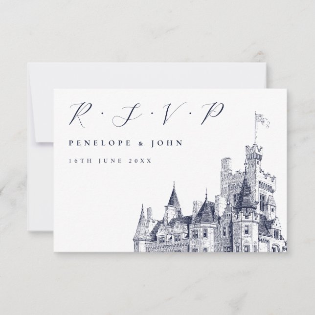 Cartão RSVP Casamento de Ilustração do Castelo de Script Elega (Frente)