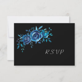 Cartão RSVP Casamento de Indígo Azul + Fofo Floral Negro