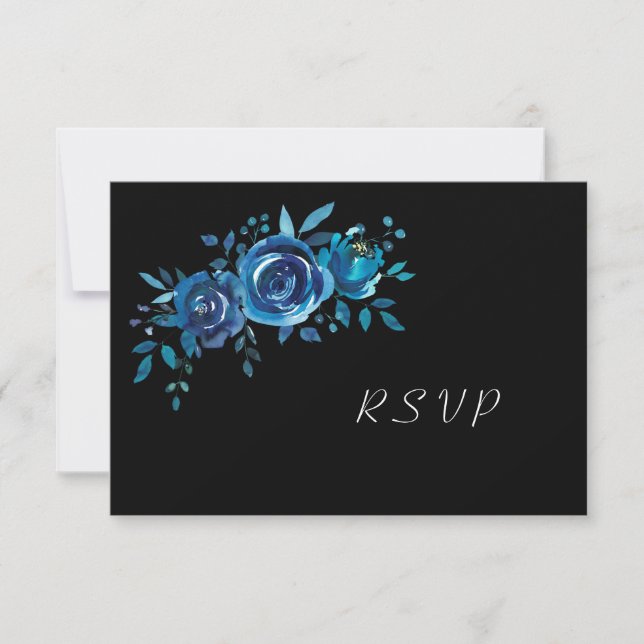 Cartão RSVP Casamento de Indígo Azul + Fofo Floral Negro (Frente)