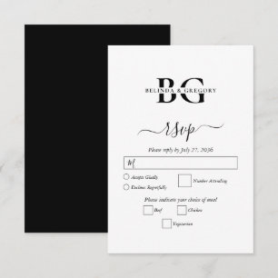 Cartão RSVP Casamento de Iniciais de Monograma Branco e Preto