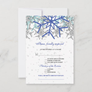 Cartão RSVP Casamento de Inverno com Flocos de Neve Azul Marin