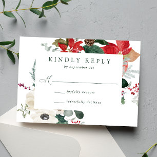 Cartão RSVP Casamento de Inverno com Poinsettias em Aquarela E