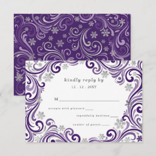 Cartão RSVP Casamento de Inverno Flocos de Neve Roxo Prata