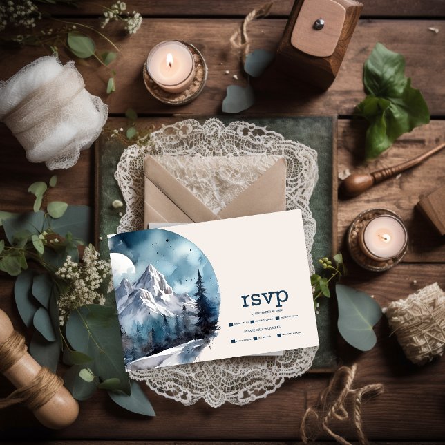 Cartão RSVP Casamento de Inverno Floresta de Montanha Aquarela (Criador carregado)