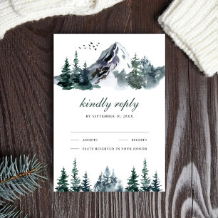 Cartão RSVP Casamento de Inverno Floresta Montanhosa Aquarela