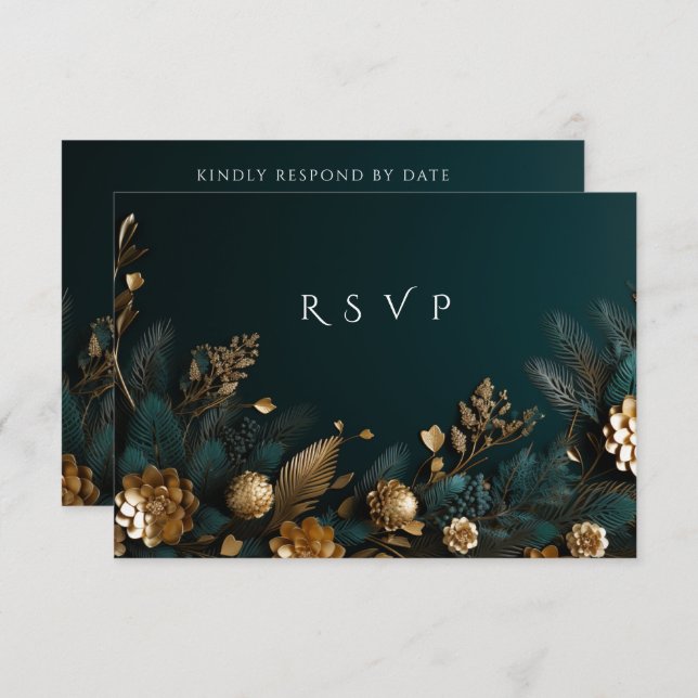Cartão RSVP Casamento de Inverno  Pinhas Douradas Agulhas de P (Frente/Verso)
