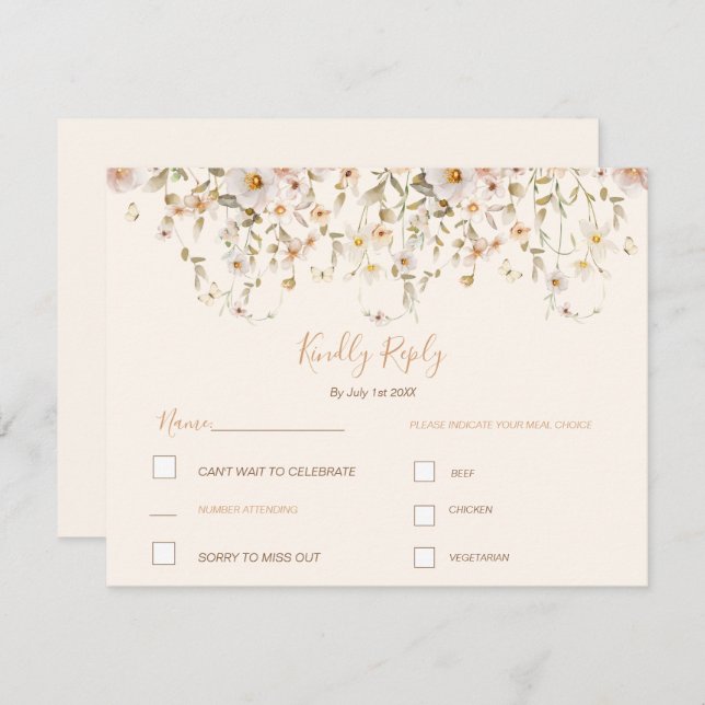 Cartão RSVP Casamento de Ivory e Blush Wildflower (Frente/Verso)