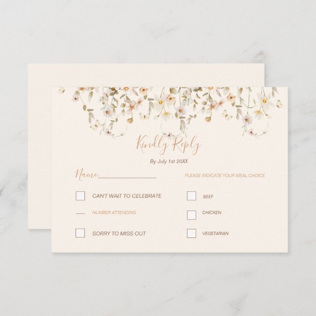 Cartão RSVP Casamento de Ivory e Blush Wildflower (Frente/Verso)
