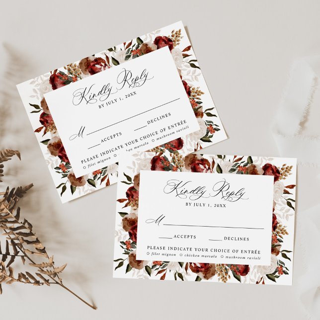 Cartão RSVP Casamento de Jantar com Rosas Rústicas de Borgonha (Criador carregado)
