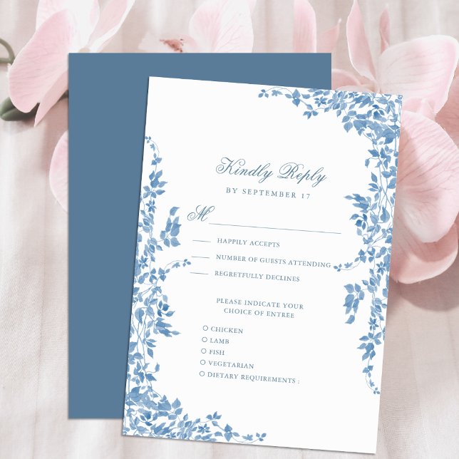 Cartão RSVP Casamento de Jardim Floral Clássico Dusty Blue Vin (Criador carregado)