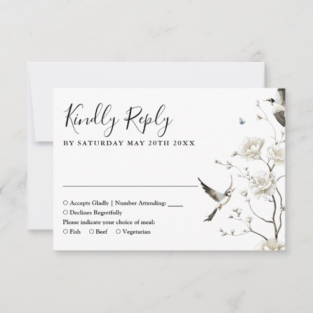 Cartão RSVP Casamento de Jardim Floral Elegante Chinoiserie (Frente)