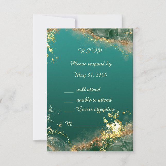 Cartão RSVP Casamento de joias de ouro verde-esmeralda (Frente)