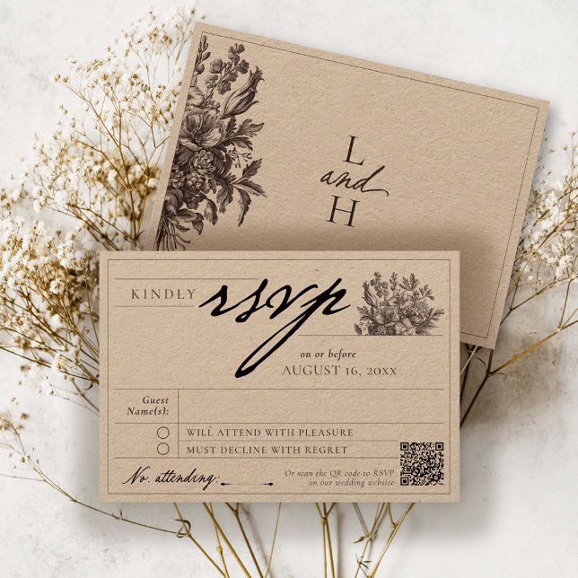 Cartão RSVP Casamento de Kraft Russo Floral Russo Negro Elegan (Elegant black vintage floral bouquet rustic kraft botanical classic monogram QR wedding RSVP card)