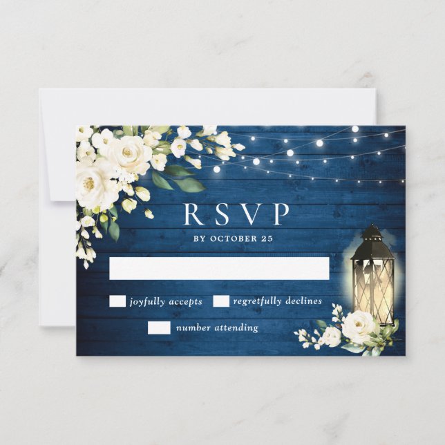 Cartão RSVP Casamento de Lanterna de Madeira Azul Rosas Branca (Frente)