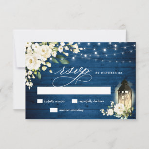 Cartão RSVP Casamento de Lanterna de Madeira Azul Rosas Branca