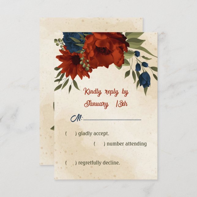 Cartão RSVP casamento de laranja e flores azuis marinhos queim (Frente/Verso)