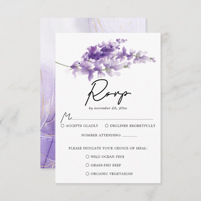 Cartão RSVP Casamento de Lavandas Elegante Roxo (Frente/Verso)