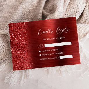 Cartão RSVP Casamento de Letra Brilhante em Metal Vermelho