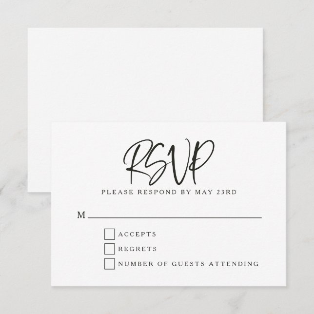 Cartão RSVP Casamento de Letra Moderna de Script Branco Negro (Frente/Verso)