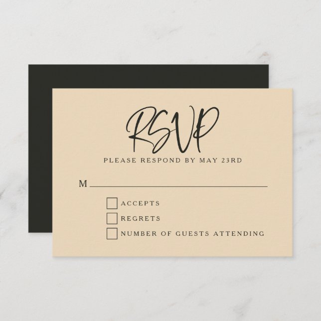 Cartão RSVP Casamento de Letras Modernas de Black Beige (Frente/Verso)