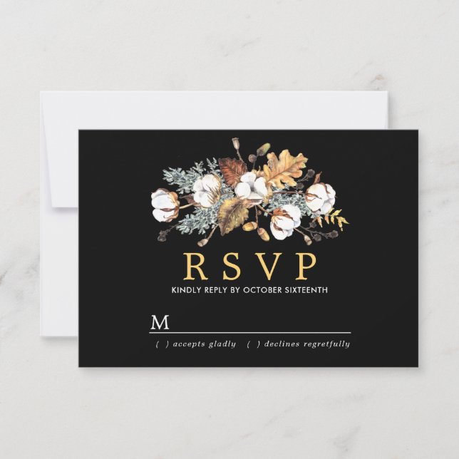 Cartão RSVP Casamento de Licença Dourada Floral de outono Bran (Frente)