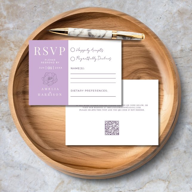 Cartão RSVP Casamento de Lilac Purple Floral Elegante (Lilac Purple Floral Elegant Wedding RSVP Card with Dietary Preferences, QR Code, Wedding Website.)