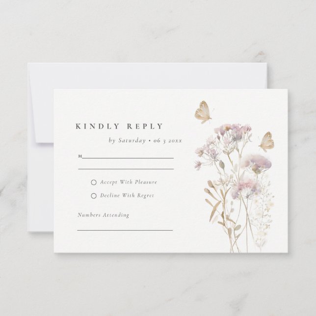 Cartão RSVP Casamento de Lilac Wildflower Fern Foliage Waterco (Frente)