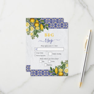 Cartão RSVP Casamento de limão-Azulejo Amarelo-Branco-Azul do 