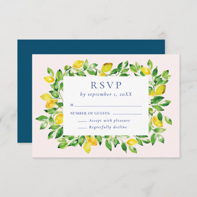 Cartão RSVP Casamento de limões e folhagem com aquarelas de Ve (Frente/Verso)