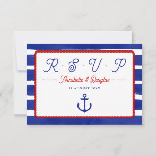 Cartão RSVP Casamento de Listras de Aquarela Azul Rústico Náut