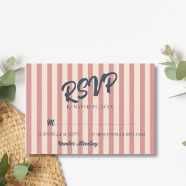 Cartão RSVP Casamento de Listras Rosa e Azul Marinho Retro