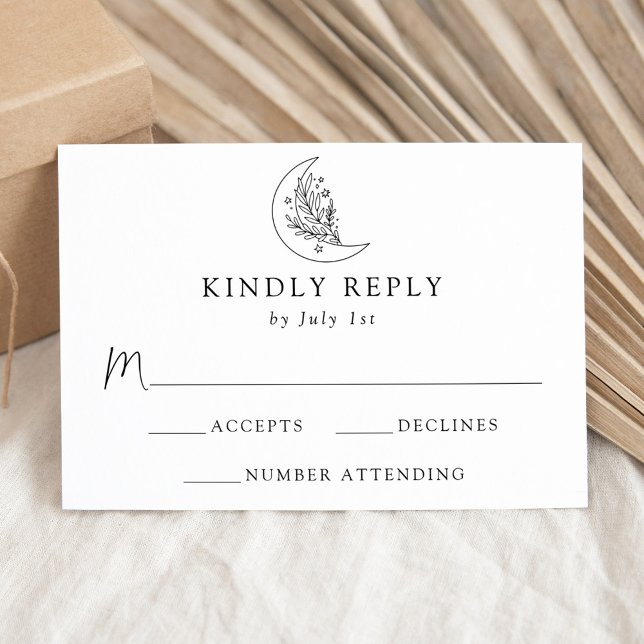 Cartão RSVP Casamento de Lua Botânica Elegante e Estrelas (Criador carregado)