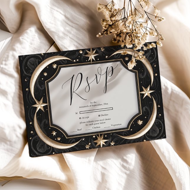 Cartão RSVP Casamento de Lua das Estrelas Negras Celestiais (Criador carregado)