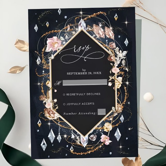 Cartão RSVP Casamento de Luxo Decorado com Diamante Negro (Criador carregado)