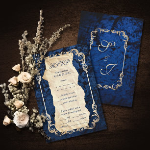 Cartão RSVP Casamento de Luxo Elegante Barroco Dourado marinho