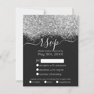 Cartão RSVP Casamento de Luxo Silver Black Glitter Confetti
