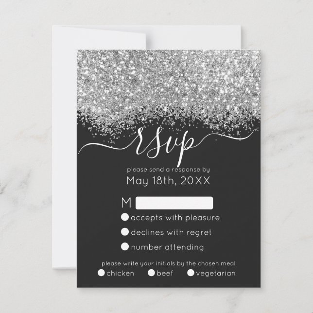 Cartão RSVP Casamento de Luxo Silver Black Glitter Confetti (Frente)