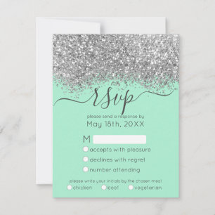 Cartão RSVP Casamento de Luxo Silver Neo Mint Glitter Confetti