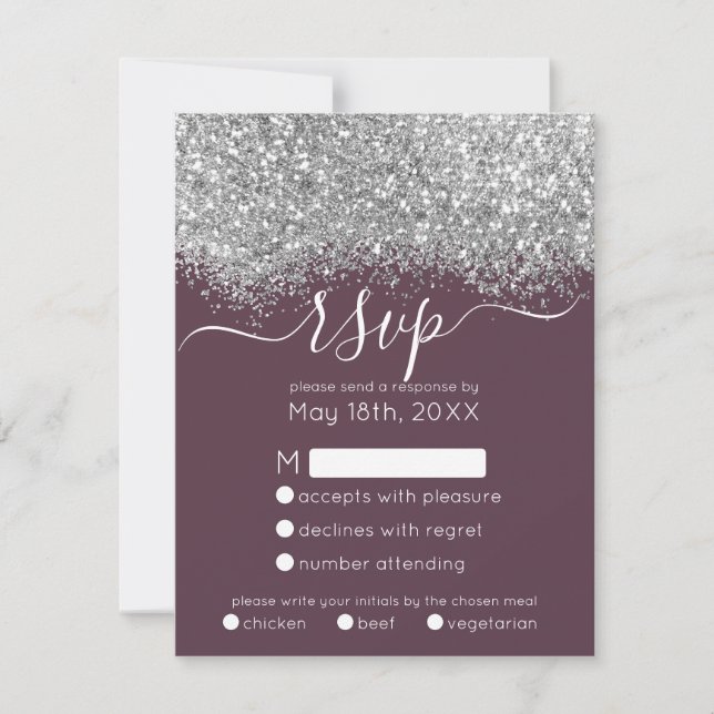 Cartão RSVP Casamento de Luxo Silver Purple Glitter Confetti (Frente)