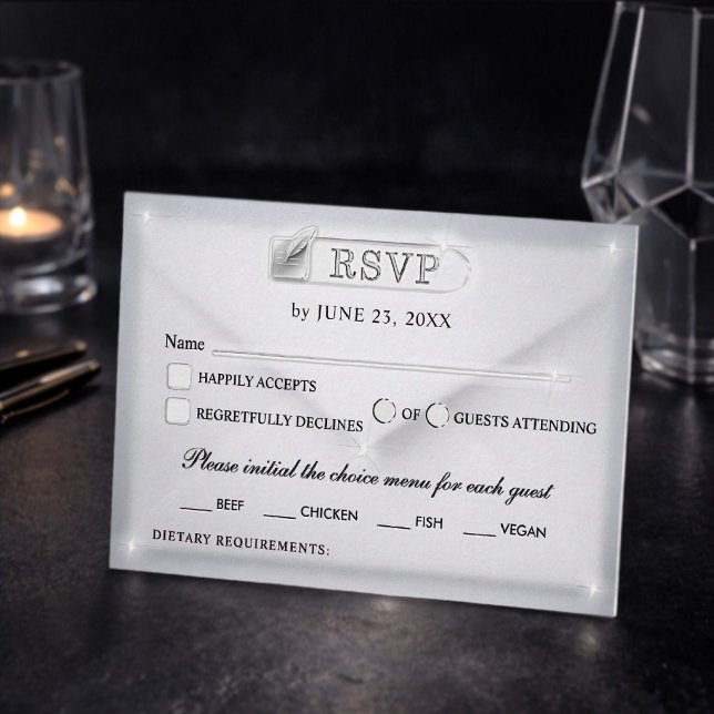 Cartão RSVP Casamento de Luxo Simples em Preto e Branco com Ac (Criador carregado)
