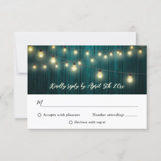 Cartão RSVP Casamento de Luzes de Corda de Madeira Teal Rustic
