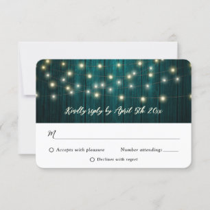 Cartão RSVP Casamento De Luzes De Fada De Madeira Teal Rústica