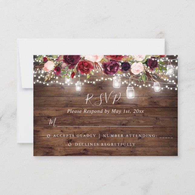 Cartão RSVP Casamento de Luzes Florais Rustic Wood Burgundy (Frente)