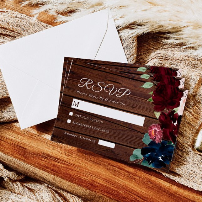 Cartão RSVP Casamento de Madeira com Borgonha Azul Elegante e  (Criador carregado)