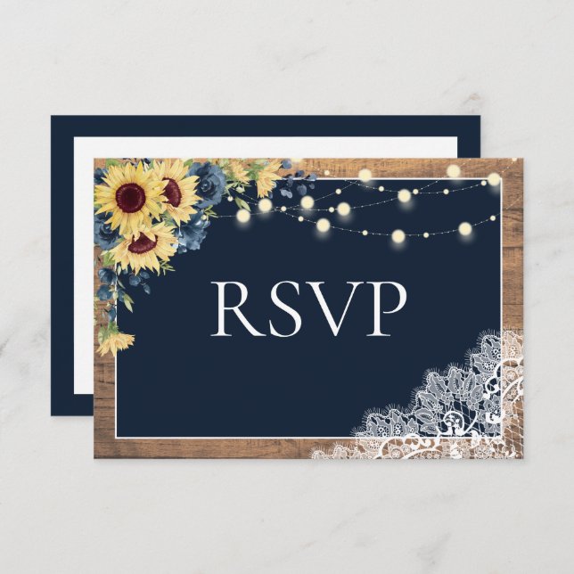 Cartão RSVP Casamento de Madeira com rendas de girassol azul-M (Frente/Verso)