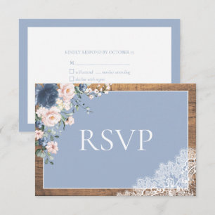 Cartão RSVP Casamento de Madeira com rendas flóricas azuis e