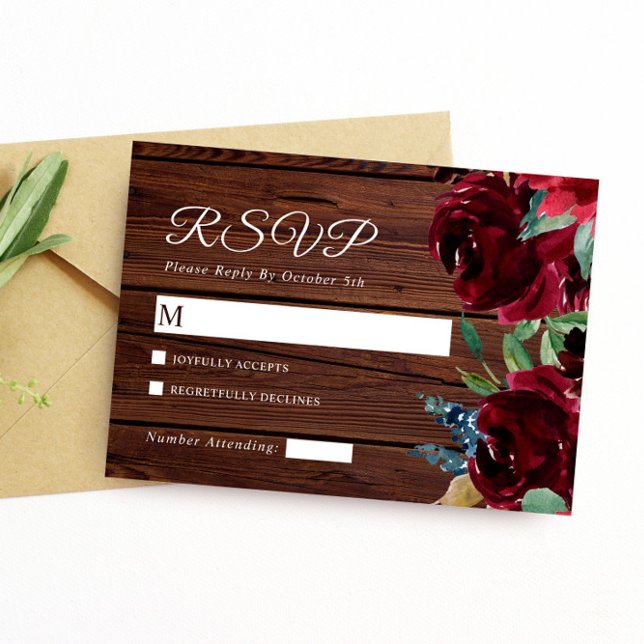 Cartão RSVP Casamento de Madeira Elegante Burgundy e Marsala (Criador carregado)