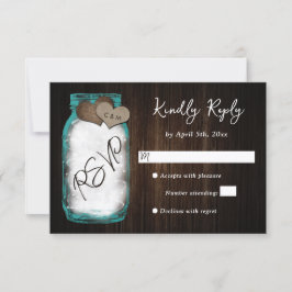 Cartão RSVP Casamento de Madeira em Jarro de Pedreiro Azul Tur