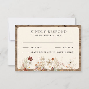 Cartão RSVP Casamento de Madeira Flor Silvestre Creme Boho